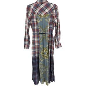Aratta Silent Journey Blue Red Plaid Floral Silky Back Shirt Dress Womens S Boho